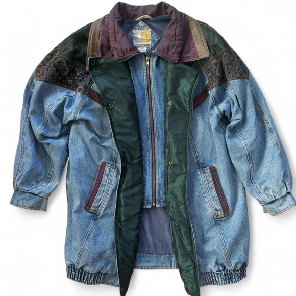 Vintage 90s Oversized Denim Jacket | Western Patchwork Boho Retro | Size L - Picture 2 of 10